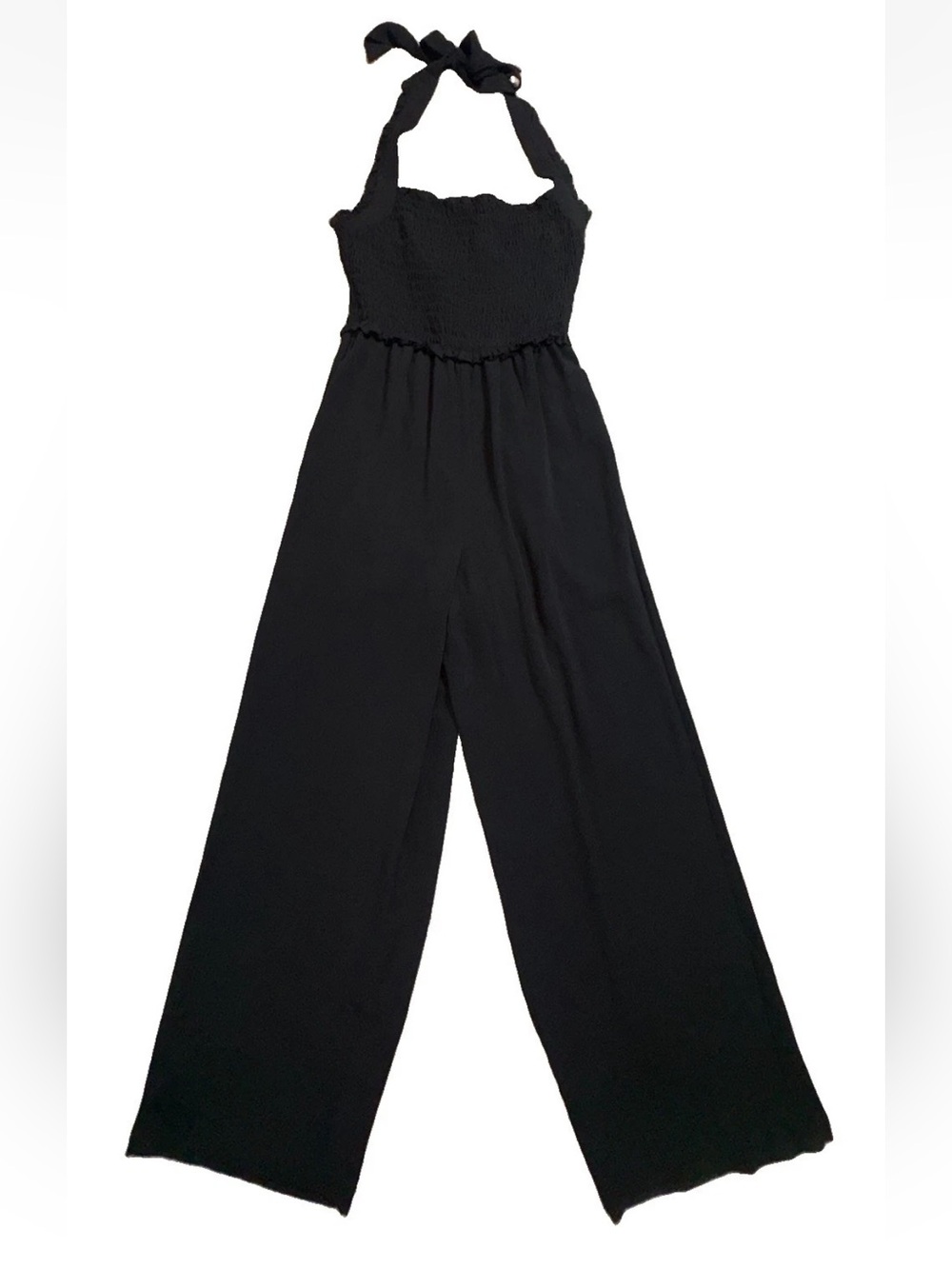 Candie’s XS Black Smocked Halter Wide Leg Jumpsuit Stretch Wide Leg NWT
